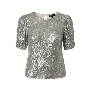 Rachel Zoe Silver Sequin Puff-Sleeve Top – Size M